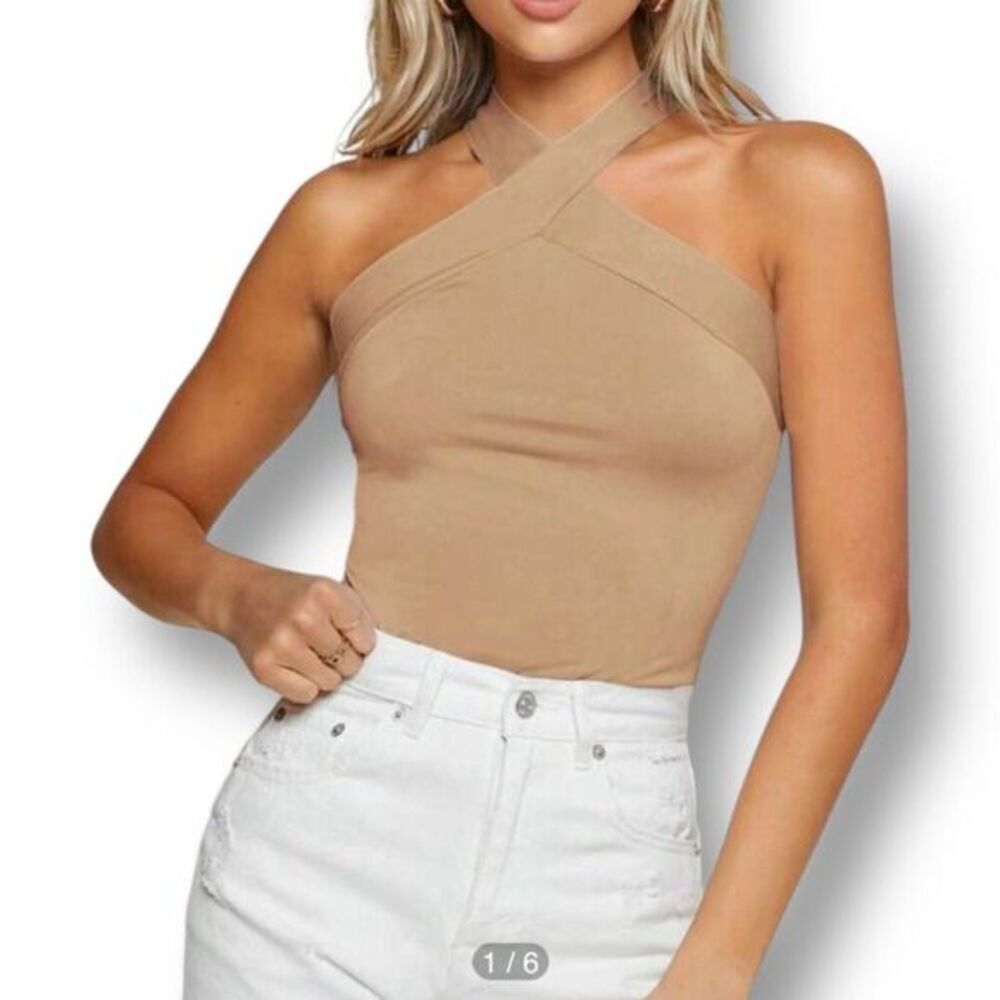 SHEIN BAE S Beige Criss‑Cross Halter Top NWT Cross Neck Y2K Clubwear Chic‎